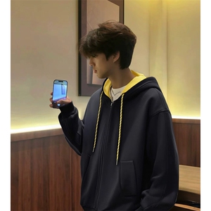 抖音得物二开美式高街重磅结构双层撞色连帽卫衣开衫外套W116图片