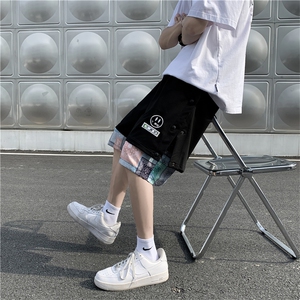 夏侧边排扣拼接腰果花休闲短裤男假两件宽松运动五分裤 K904-P28图片