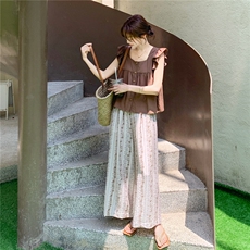 韩系小个子复古背心上衣套装女2025夏新款气质文艺范阔腿裤两件套，女装套装/套裙，2C170