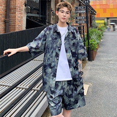 2025美式扎染印花冰丝凉感短袖衬衫薄套装TZ2345/特P45灰绿2，男装休闲套装，电商A094