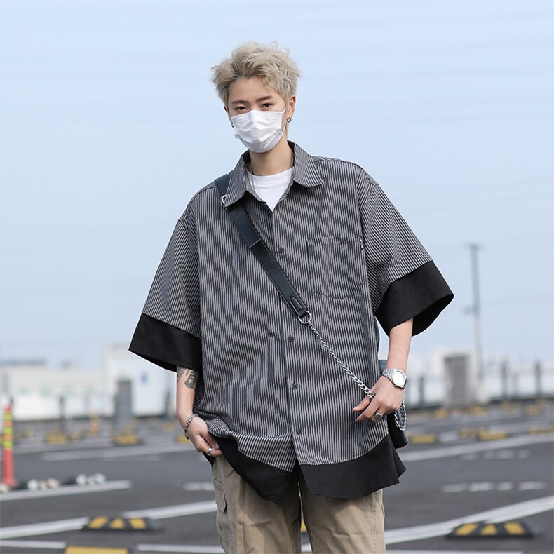 2024夏季新款假两件拼接条纹衬衣宽松bf短袖衬衫现货W8199-P32,男装衬衫,星座512-4