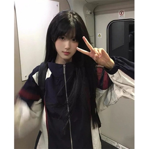 拼接撞色翻领夹克男女春秋新款宽松休闲运动外套上衣 JF93图片