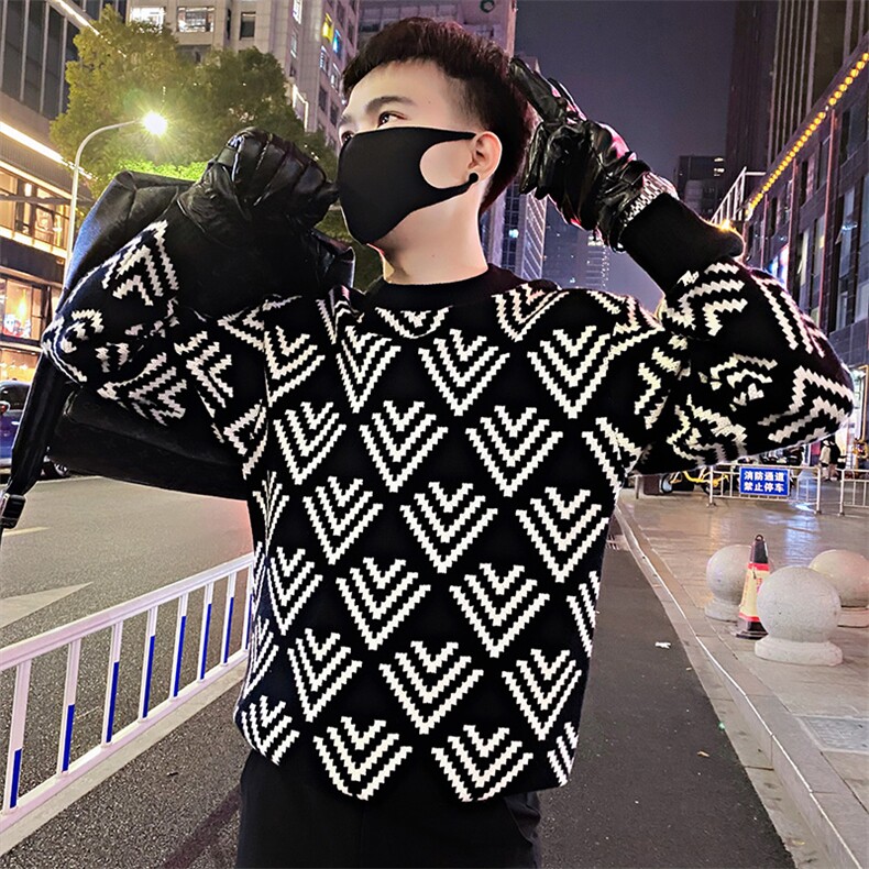 LV145/P98控138冬季社会小伙黑色菱形针织毛衣男图首2,男装针织衫/毛衣,星座305B