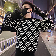 LV145/P98控138冬季社会小伙黑色菱形针织毛衣男图首2，男装针织衫/毛衣，星座305B