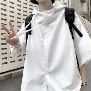美式街头衬衫男oversize连帽冰丝短袖衬衣夹克外套MWJ52P35图片