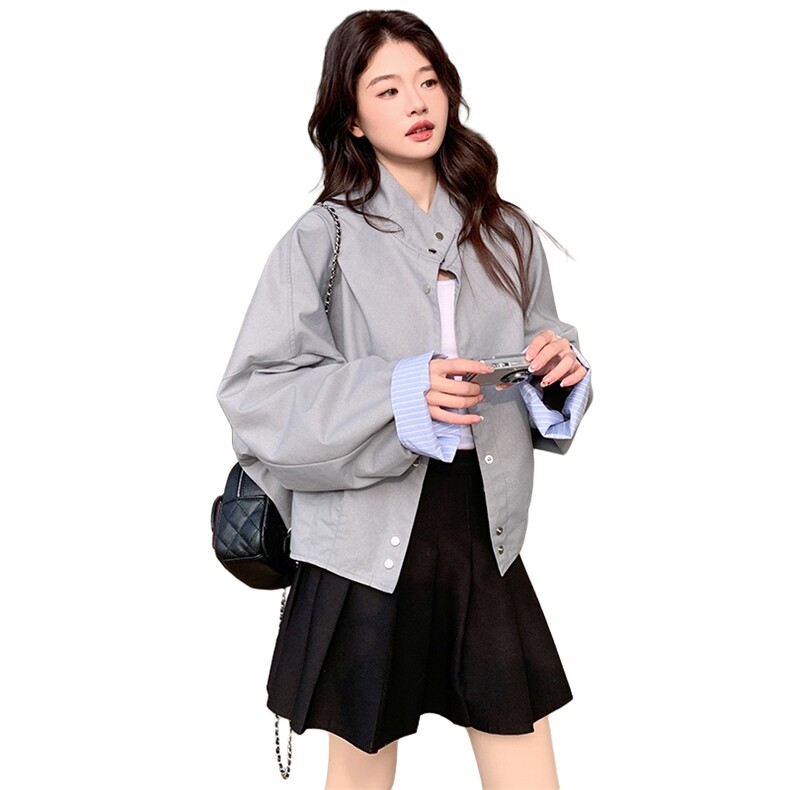 立领休闲短外套女小个子2025春季新款韩系设计感宽松百搭夹克上衣,女装短外套,辉之琳