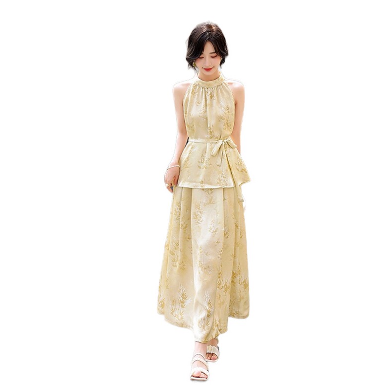 三彩2025夏季新款新中式套装无袖提花吊带两件套半身裙长裙女M,女装套装/套裙,流量+
