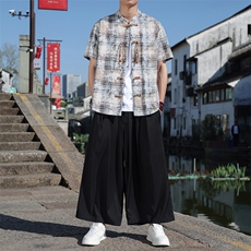 大码新中式格纹晕染铜扣短袖衬衫立领风复古唐装衬衣30502，男装衬衫，星座305A（原312A-1）