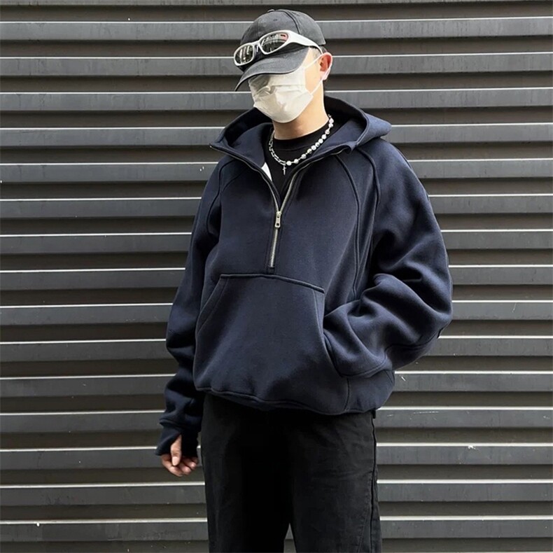 抖音得物二开美式重磅宽松结构拉链设计防风高领连帽卫衣外套W76,男装卫衣,电商A486