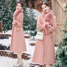 韩版高级感白色中长款毛领呢子大衣女入冬季气质宽松慵懒毛呢外套，女装双面呢大衣，欣贝拉