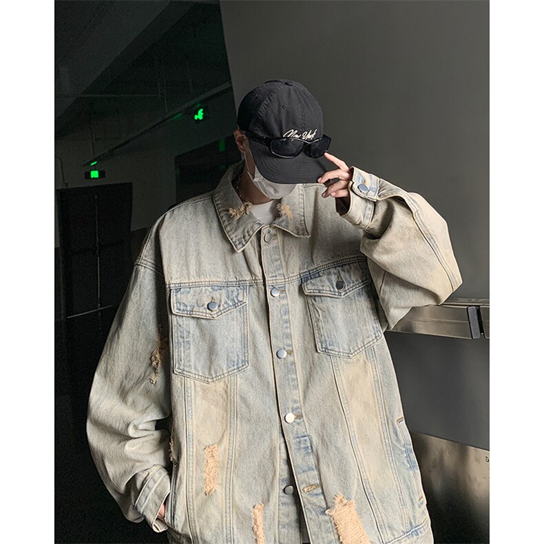 秋季新款港风复古水洗高质量拼接款翻领牛仔夹克潮insJK1296-P63,男装夹克,星座313A(原308A-2)
