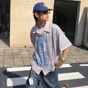 百搭新款美式复古小众简约假两件破洞针织短袖T恤做旧印花男夏季图片