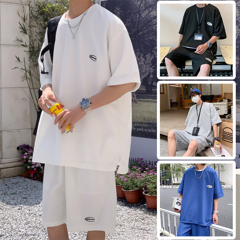 TZ65556/P40华夫格夏季宽松贴标套装男T恤短裤两件套大码港风控78图片