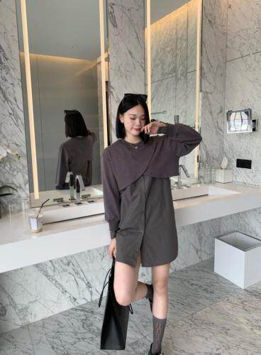 早秋设计款假两件卫衣衬衫裙，女装卫衣/绒衫，爱娜.悦儿