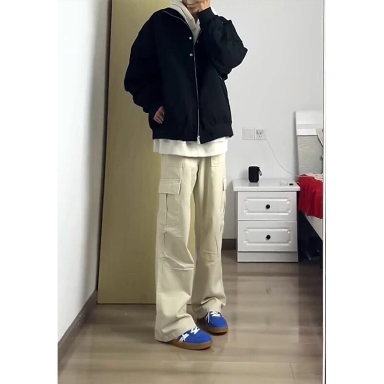 米白色直筒工装裤美式高街大口袋裤子阔腿裤KZ195特P42,男装工装外套,星座908-1