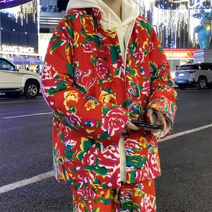 TZ207风盘扣立领大花棉衣加绒裤套装民族特色牡丹大花大码男图片