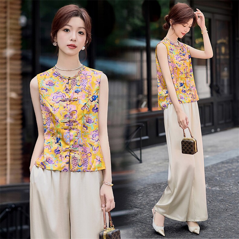 新中式国风马甲外套女2025新款夏季高级感宽松复古提花洋气两件套，女装套装/套裙，魅影