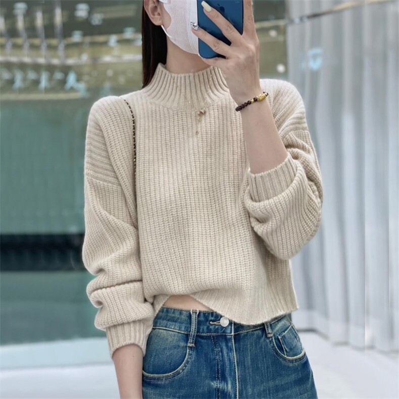 秋冬季新款舒适显瘦时尚百搭高腰元宝针针织衫,女装羊毛衫,恒恩羊绒