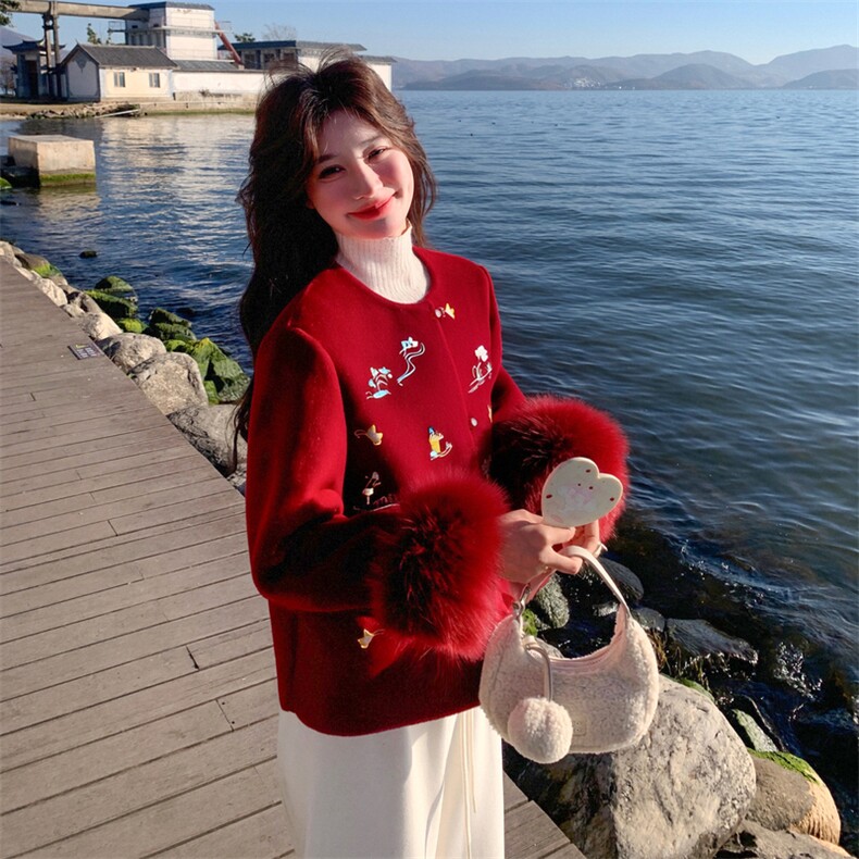 现货新款2183-P390-K569双面羊绒带袖毛狐狸毛可脱，女装双面呢大衣，然然