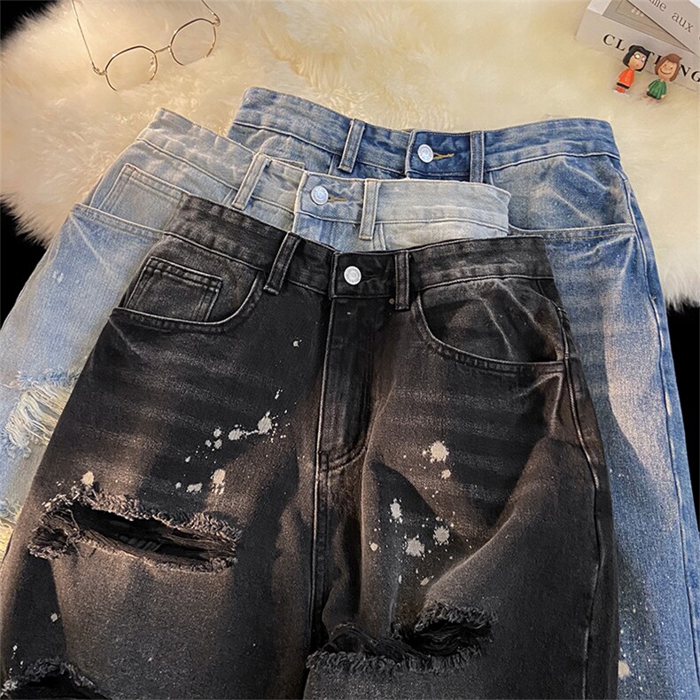 夏季无影墙男士宽松直通毛边破洞乞丐泼漆五分短裤男大码高街小众，男装牛仔裤，星座301D-4(原星座1004-4）