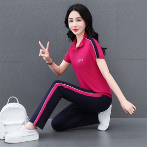 半拉链运动套装女夏季2024新款中老年妈妈跑步休闲大码短袖两件套图片