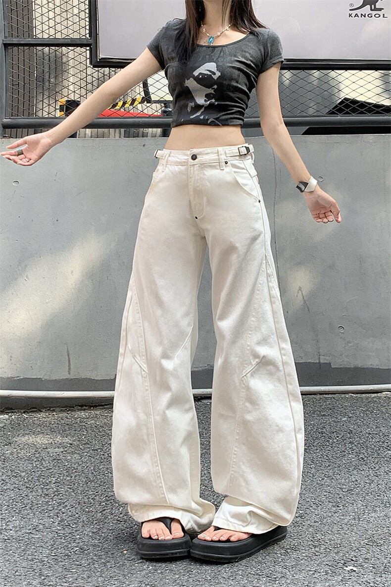 美式复古白色弯刀牛仔裤男女拼接宽松阔腿cleanfit裤子YD9017-P70,男装牛仔裤,星座509