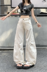 美式复古白色弯刀牛仔裤男女拼接宽松阔腿cleanfit裤子YD9017-P70，男装牛仔裤，星座509