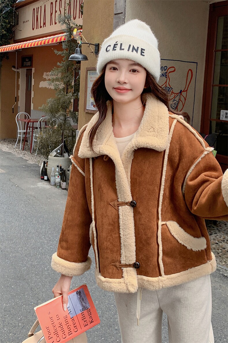 时髦皮毛一体短款羊羔毛外套女2025新款冬季慵懒风巨好看加厚外套,女装皮草,2C316