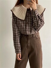 大翻领格子衬衫，女装衬衫，土布鱼