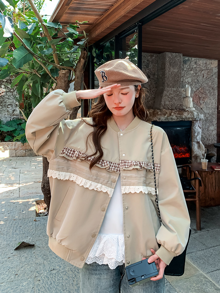 米咖色蕾丝花边棒球服短外套女2025春秋季新款小香风显瘦夹克上衣,女装短外套,浙宝A馆126