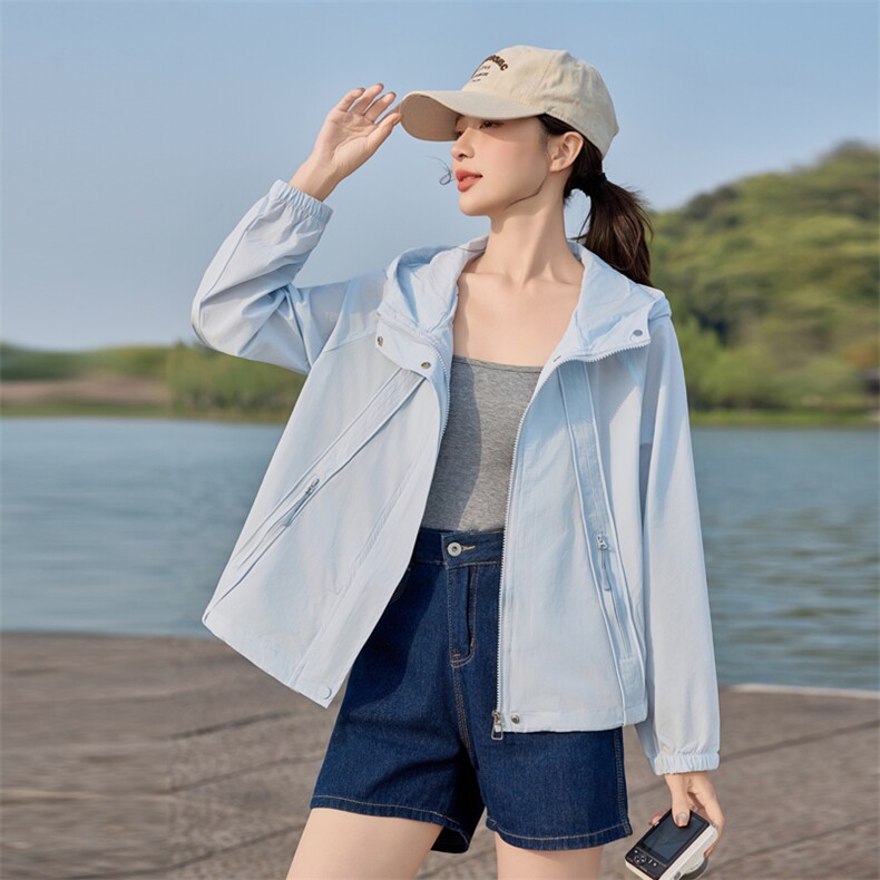 粉色时尚连帽防晒衣女2025夏季新款休闲百搭透气轻薄款防晒服外套,女装防晒衣,悦祺