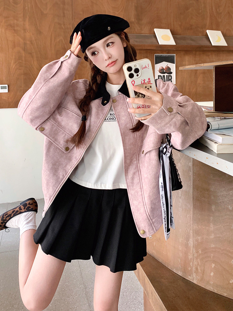 美式慵懒chic复古短款上衣粉色扎染翻领工装夹克外套女秋,女装短外套,浙宝113