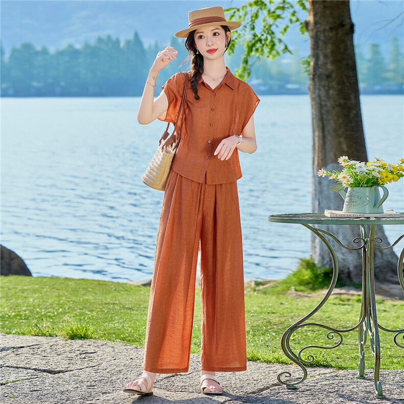 现货纯色天丝提花套装女2026年夏季宽松透气翻领衬衫阔腿裤两件套,女装套装/套裙,鑫鑫格
