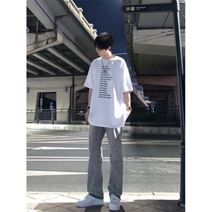 美式hiphop烟灰色毛边修身直筒显瘦牛仔裤痞帅高街图片