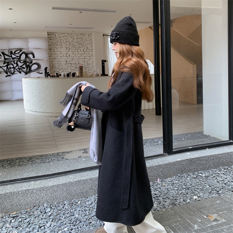 现货新款女装韩范中长款过膝双面羊绒大衣黑灰色高端毛呢连帽,女装毛呢外套,韩然一族
