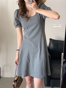 香丽迪2022年夏季新款拼接连衣裙女针织短袖圆领修身高腰图片