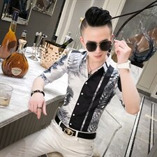 20春夏新款社会男潮流衬衫个性修身中袖夜店男衬衣A068-D830-P55，男装衬衫，星座419（原A233）