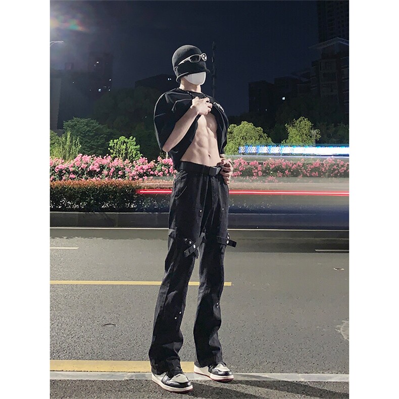 已授权美式hiphop裤子高街vibe交叉绑带牛仔裤修身直筒微喇叭裤,男装牛仔裤,星座310A-4