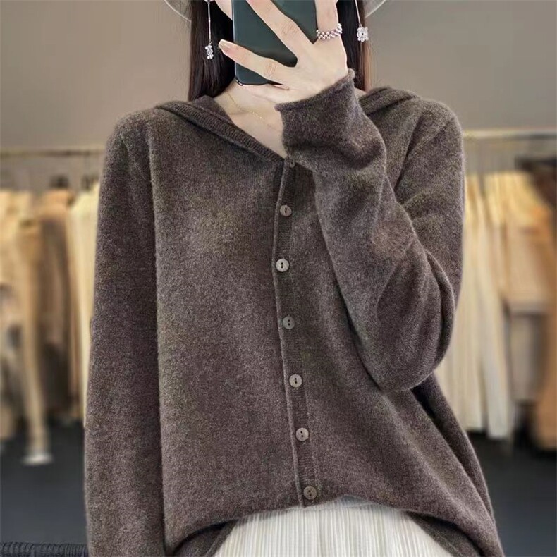 一线成衣100%纯羊毛连帽开衫女秋冬款多扣针织毛衣宽松羊绒衫外套,针织衫/毛衣,恒旺羊绒