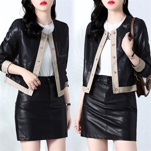 现货主推2022年秋季新款修身显瘦显高拼接皮衣外套女,女装皮衣,江南女神