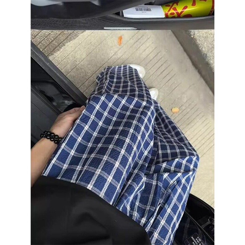 复古蓝色薄款透气泡泡纱格子裤男士夏季穿搭宽松休闲拖地阔腿裤子,男装休闲裤,星座218-1（原230）