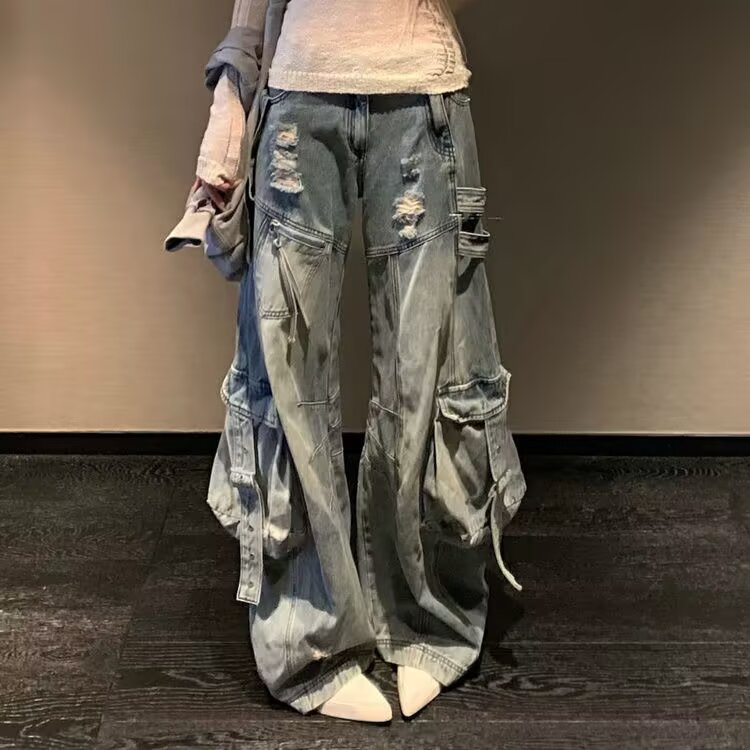 美式高街复古蓝色工装牛仔裤低腰宽松直筒拖地阔腿裤,男装牛仔裤,星座506A