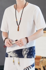 中国风亚麻短袖t恤男夏季薄款宽松唐装拼色古风汉服上衣YK204-P25，男装T恤，星座509