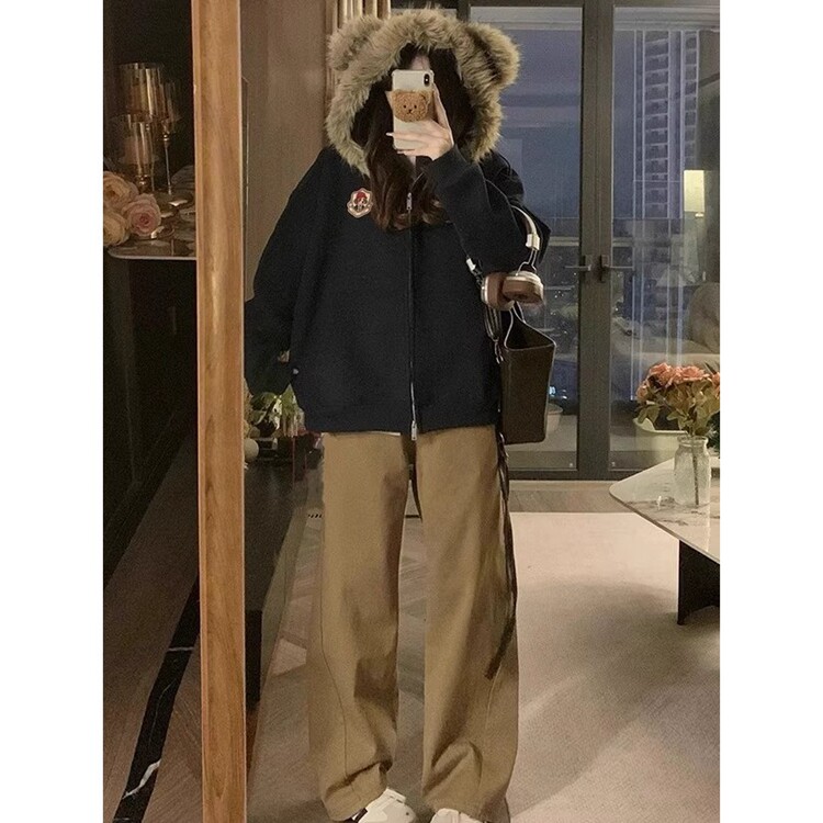 美式学院风小熊耳朵毛领夹克男女秋季潮牌百搭情侣棒球服宽松外套图片