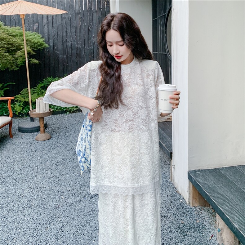 法式宽松蕾丝套装裙女2025夏季新款高级感清透T恤半身裙两件套潮,女装套装/套裙,2C317