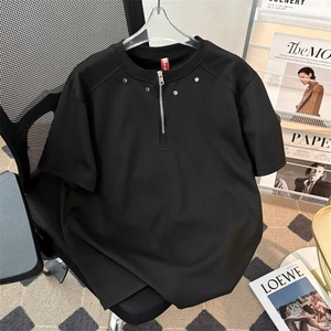 美式高街铆钉半拉链短袖T恤男潮牌宽松情侣休闲百搭体恤ST635-P31