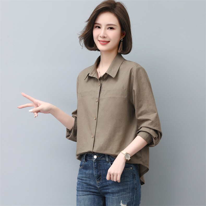 时尚休闲气质宽松棉麻衬衣女长袖百搭显瘦上衣新款韩版简约外套,女装衬衫,依恋蒂丝