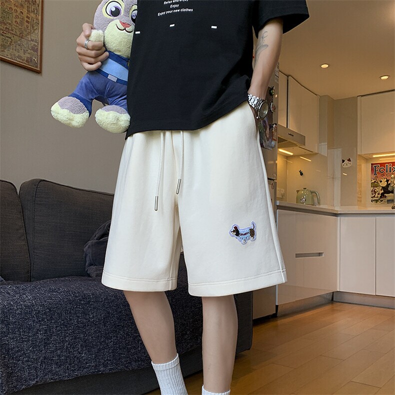 美式重磅短裤男生夏季腊肠狗绣标情侣款潮牌大码宽松直筒五分裤子,男装牛仔裤,星座604