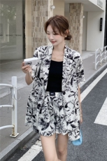 水墨碎花高级感淡人西装套装女2025新款夏季气质上衣搭短裤两件套，女装套装/套裙，2C087