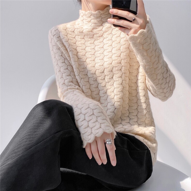 2025年秋季时尚百搭通勤简约休闲半高领鱼鳞纹打底衫，女装羊绒衫，织纯羊绒